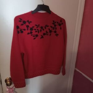 Women's Red Floral Embroidered Sweater